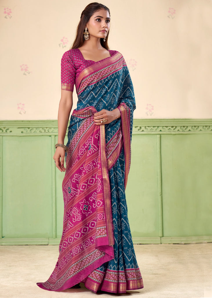 Teal Blue Patola Printed Cotton Silk Saree