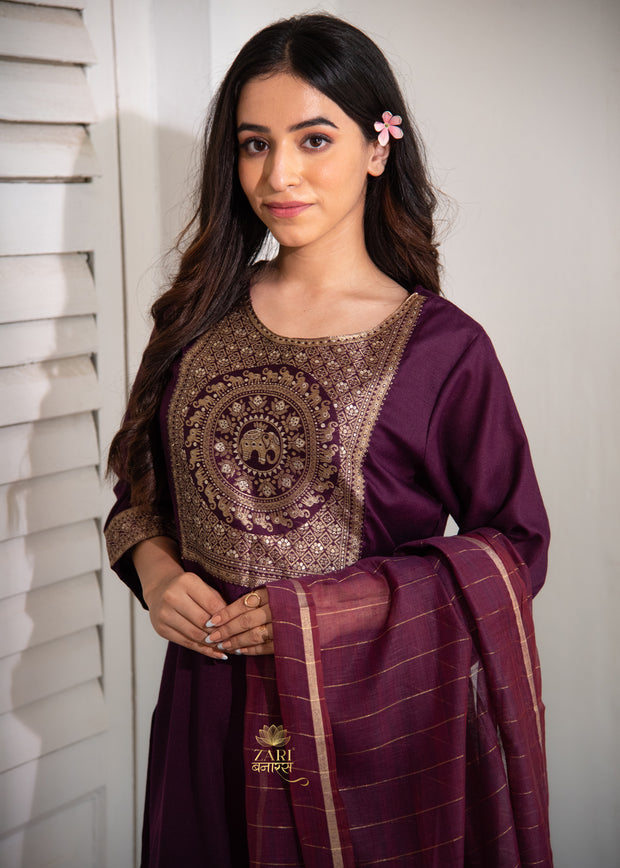 Aubergine Zari Maroon Cotton Suit (10702021034177)