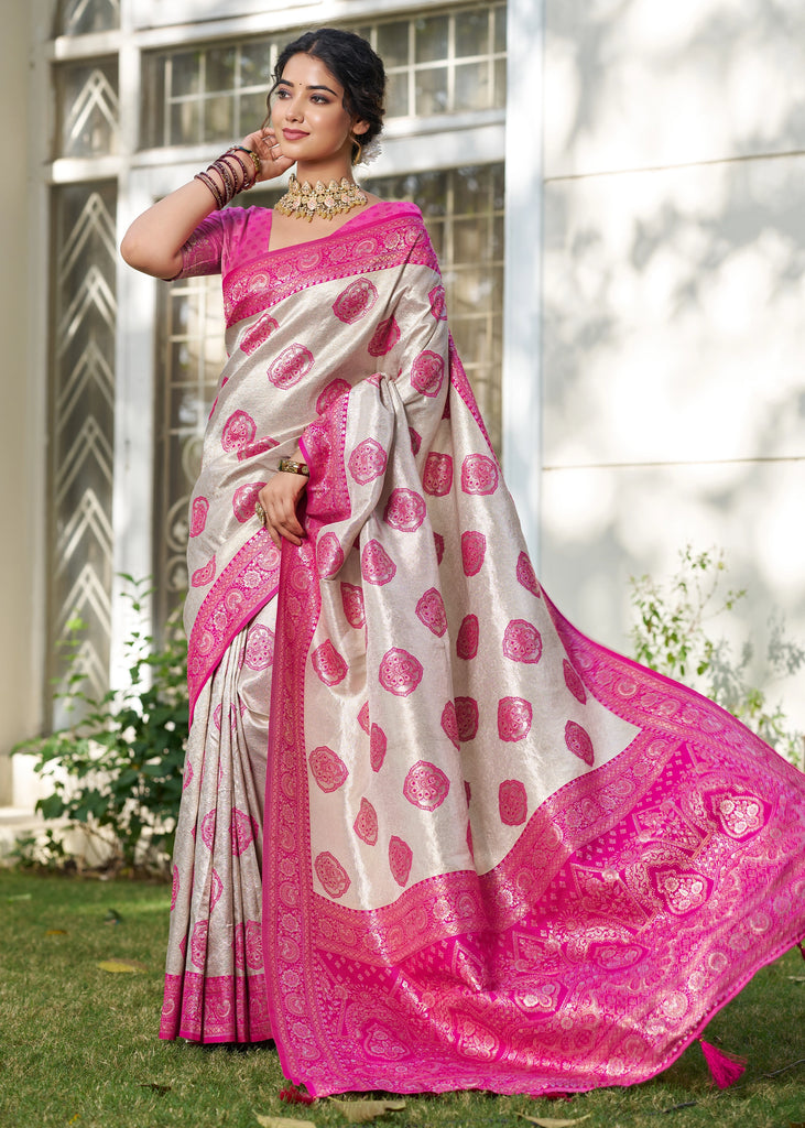 Magenta Pink Woven Banarasi Silk Saree