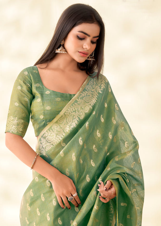 Basil Green Woven Linen Tissue Silk Saree
