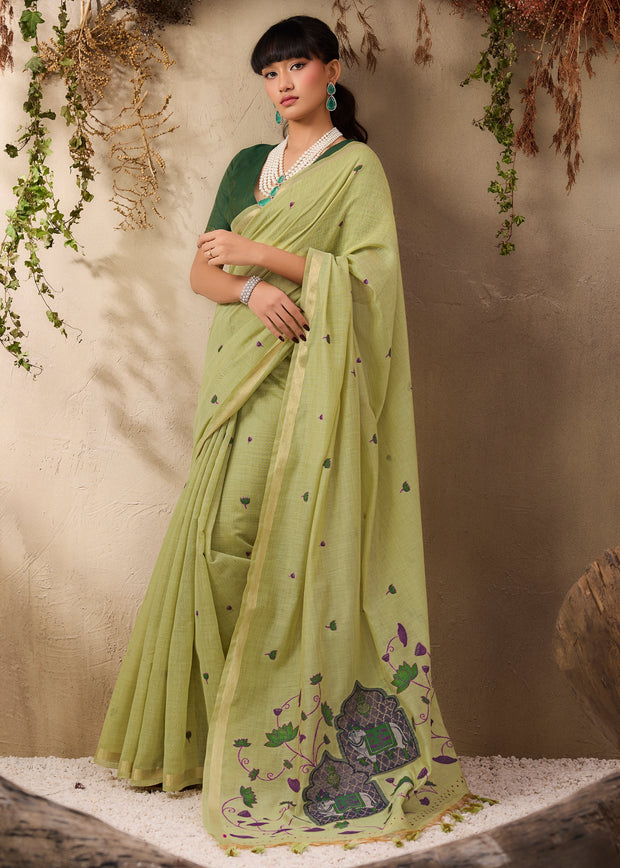 Pista Green Woven Cotton Silk Saree