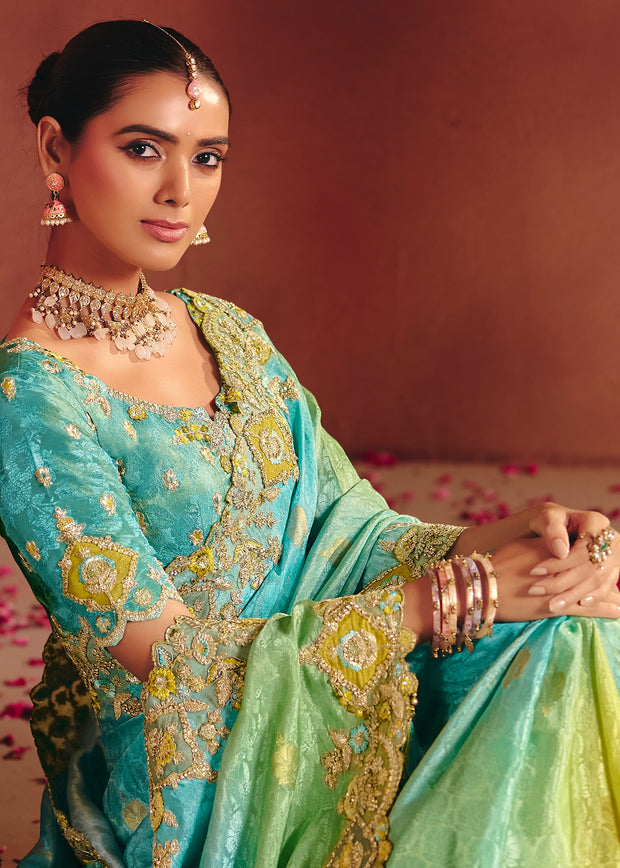 Blue Green Designer Embroidered Saree