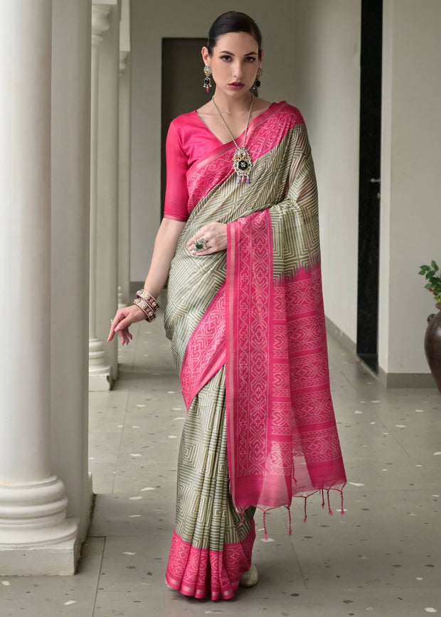 Dusty Green & Pink Printed Tussar SIlk Saree