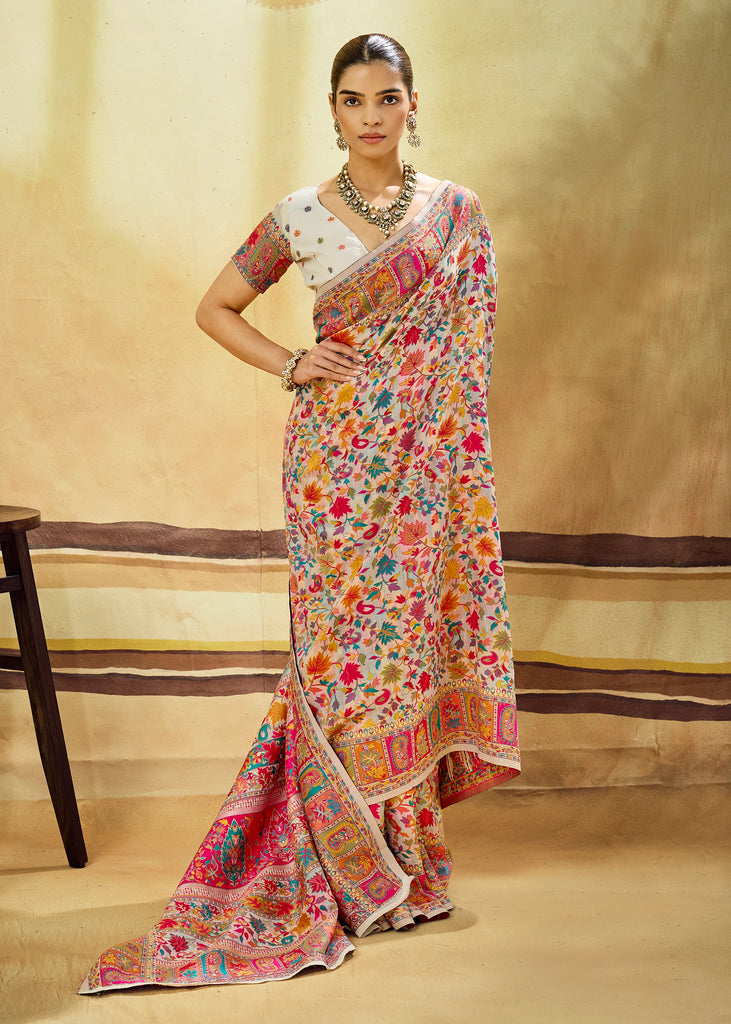 White Woven Cotton Kashmiri Jamewar Saree