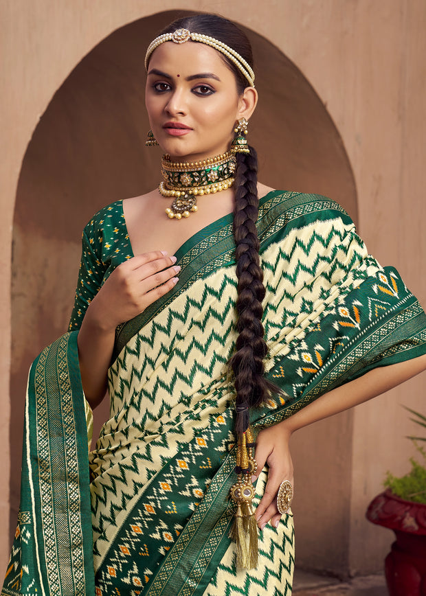 Green And Cream Printed Patola Silk Saree