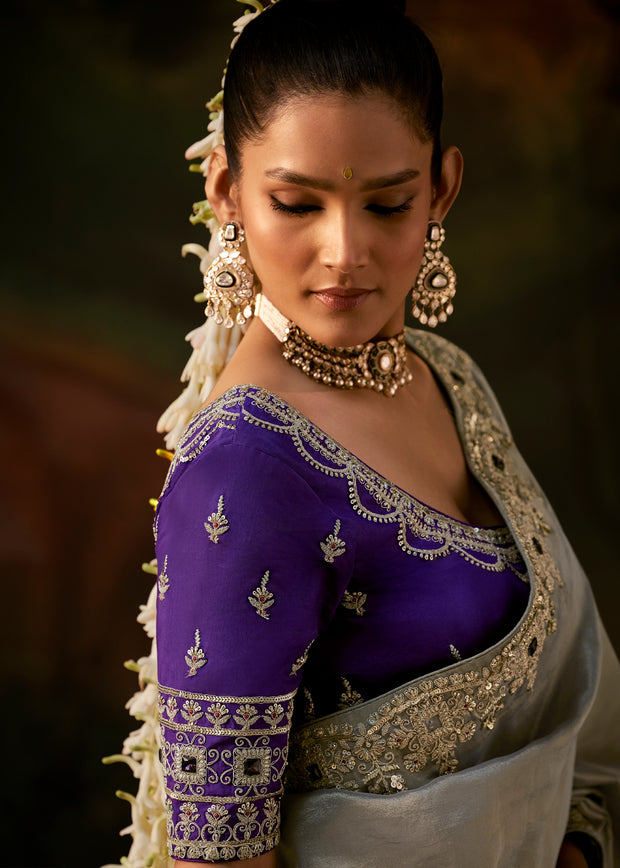 Silver Grey Embroidered Tissue Saree