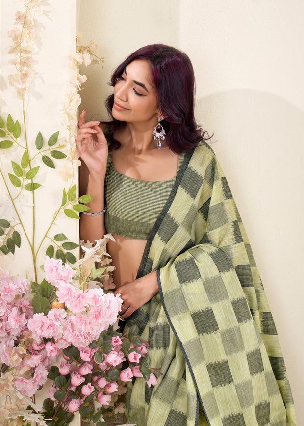 Pistachio Green Woven Linen Silk Saree