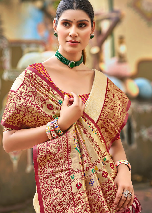 Beige & Red Woven Kanjivaram Silk Saree