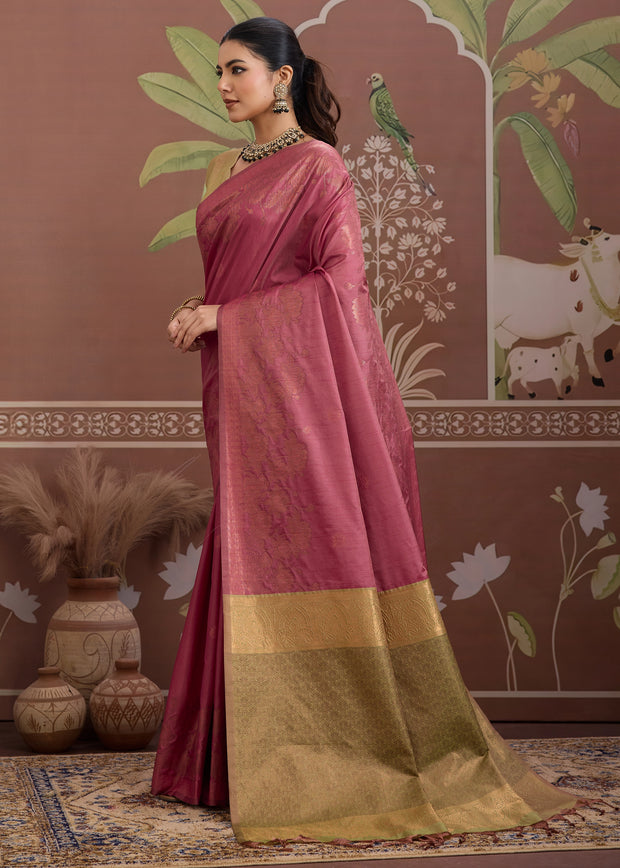 Carmine Pink Woven Tussar Silk Saree