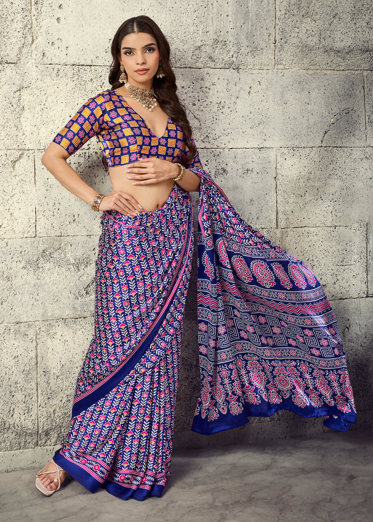 Crystal Blue Printed Satin Silk Saree