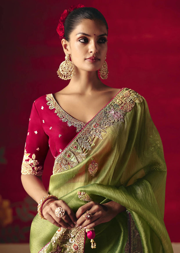 Pastel Green Designer Embroidered Saree