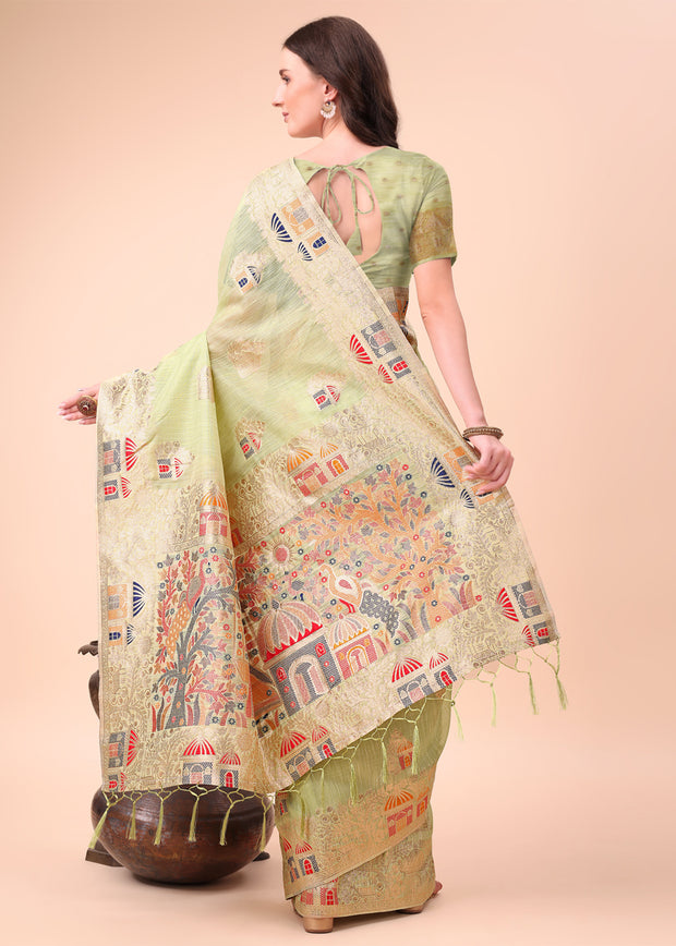 Pista Green Woven Linen Cotton Silk Saree