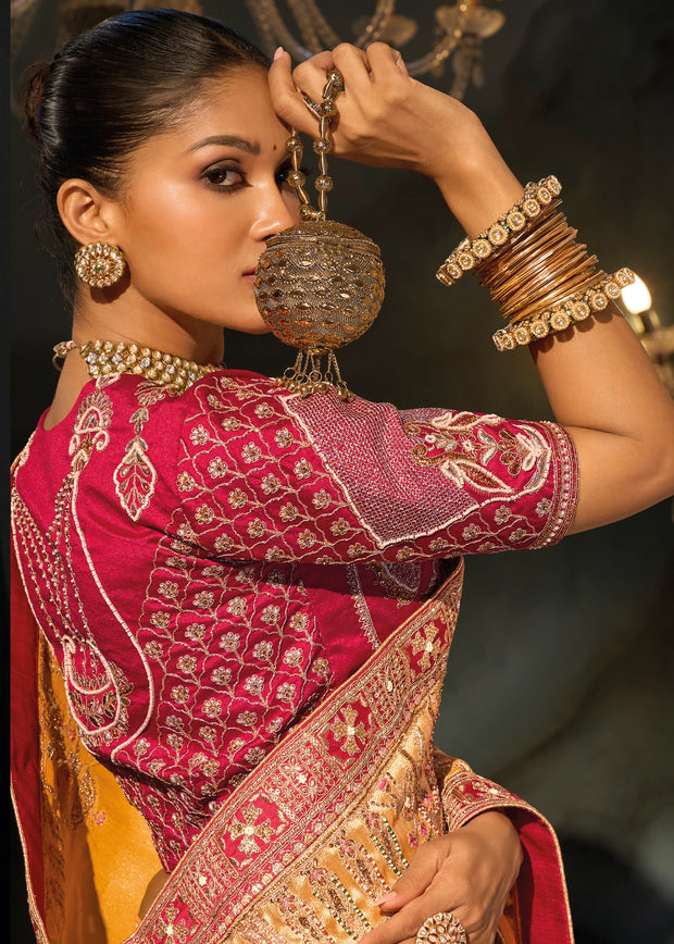 Mustard Yellow Embroidered Silk Saree