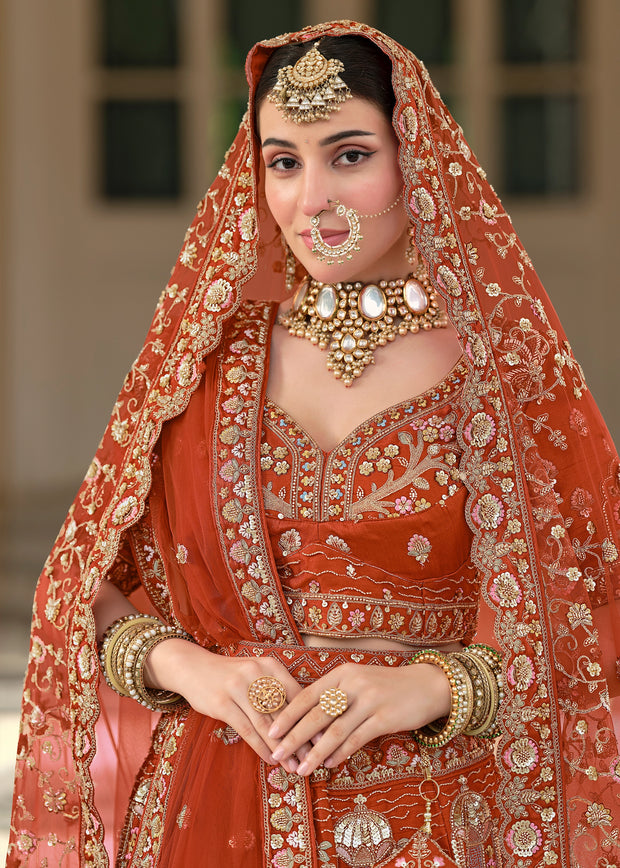 Rust Orange Embroidered Silk Bridal Lehenga With Double Dupatta