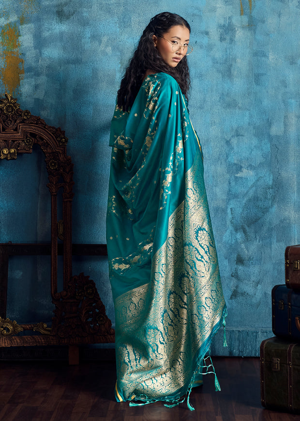 Teal Blue Woven Banarasi Satin Silk Saree