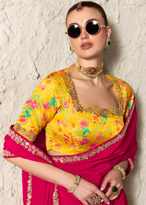Virtual Pink Designer Organza Tissue Silk Saree With Printed Blouse
