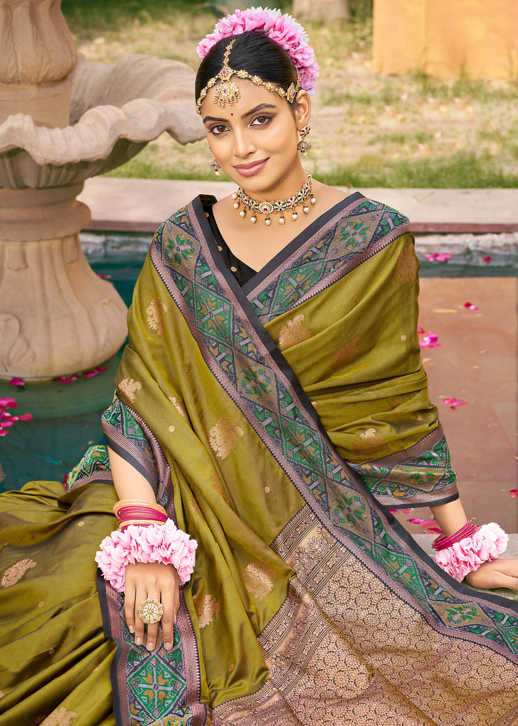Olive Green Woven Banarasi Silk Saree