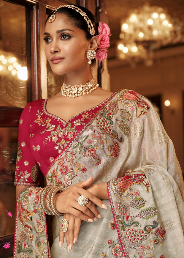 Off White Designer Embroidered Silk Saree