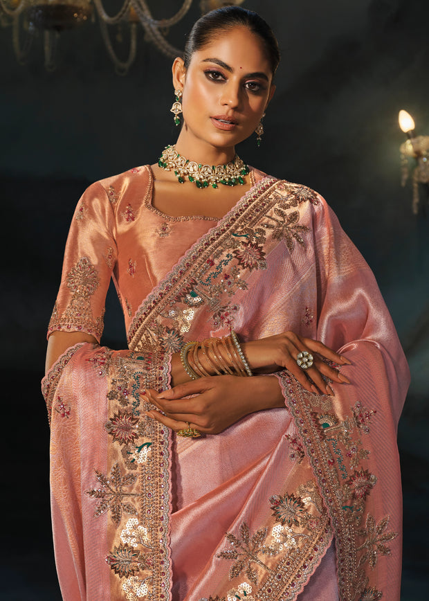 Peach Pink Embroidered Silk Saree