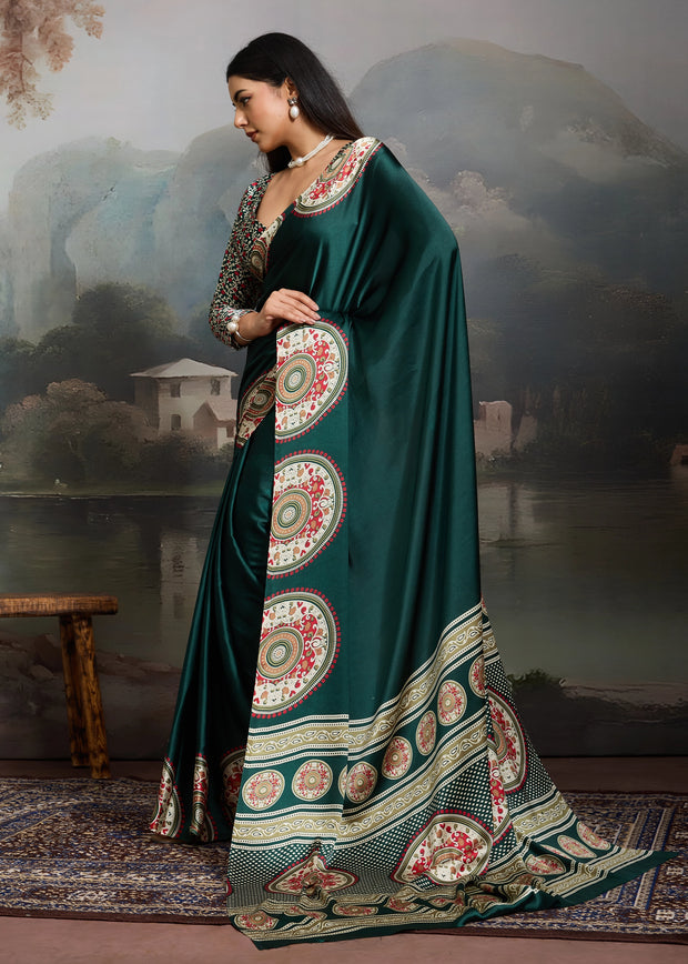 Hunter Green Printed Satin Silk Saree