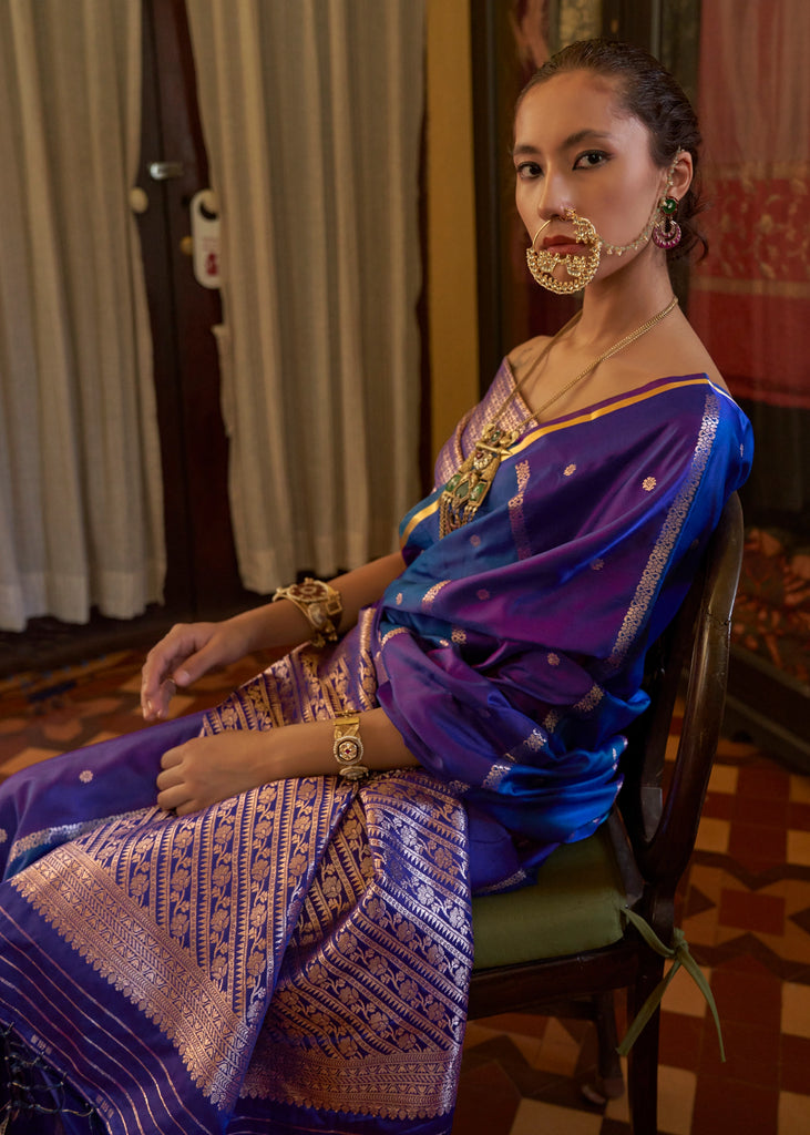 Victoria Blue Rangkat Satin Silk Saree