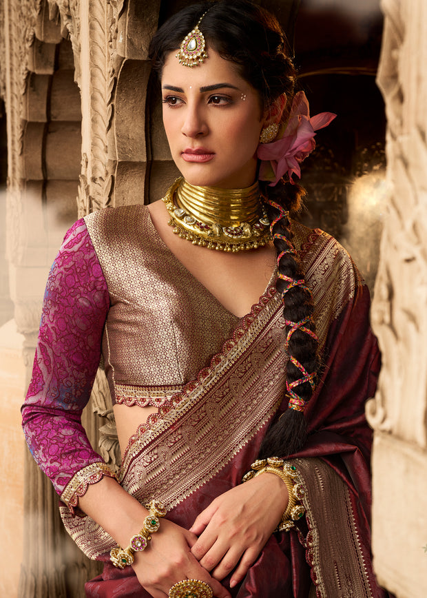 “Exclusive Offer” : Classy Maroon Woven Banarasi Silk Saree