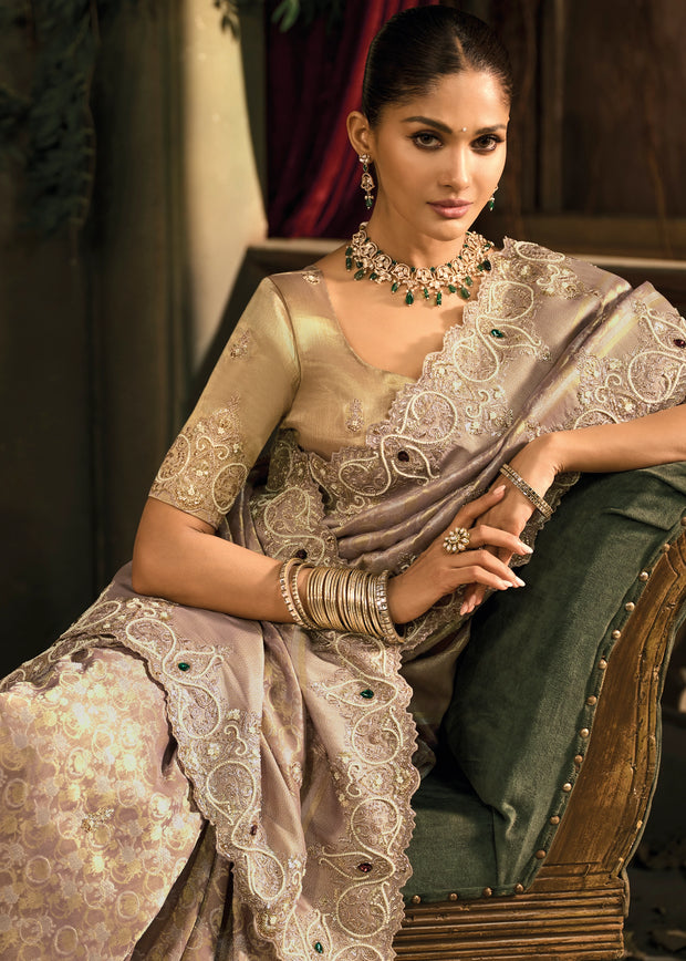 Lilac Grey Embroidered Designer Tissue Saree