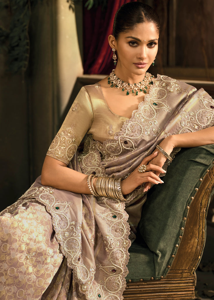 Lilac Grey Embroidered Designer Tissue Saree