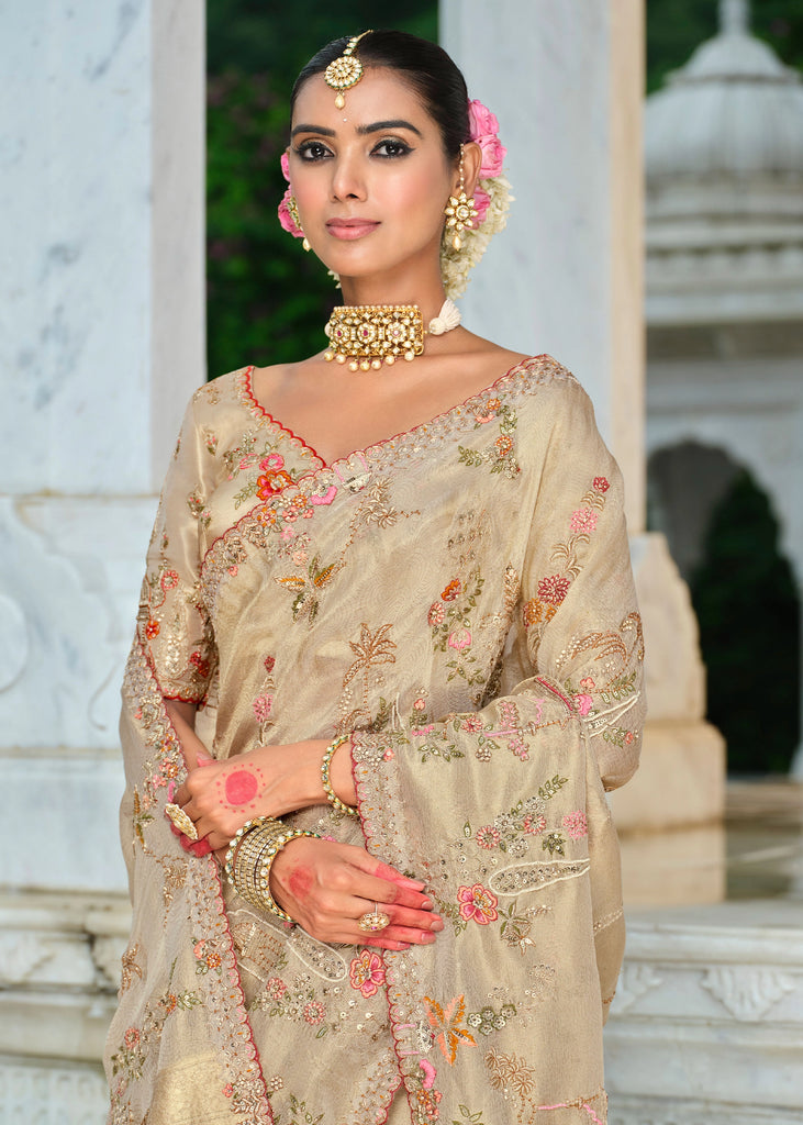 Classy Off White Designer Embroidered Silk Saree