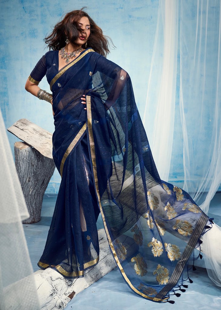 Midnight Blue Woven Cotton Silk Saree