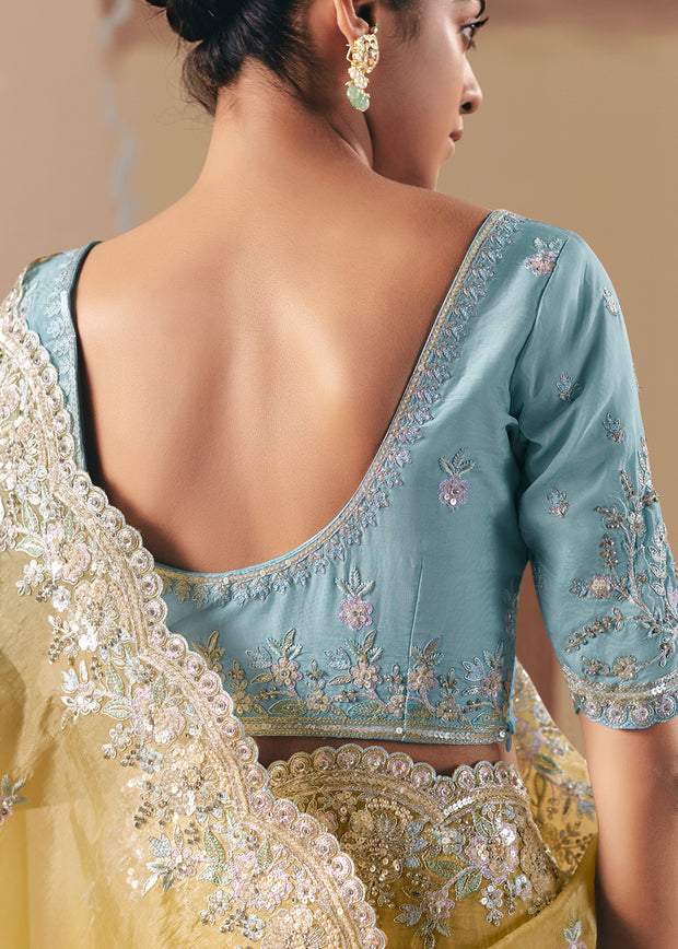 Pastel Yellow Embroidered Designer Saree