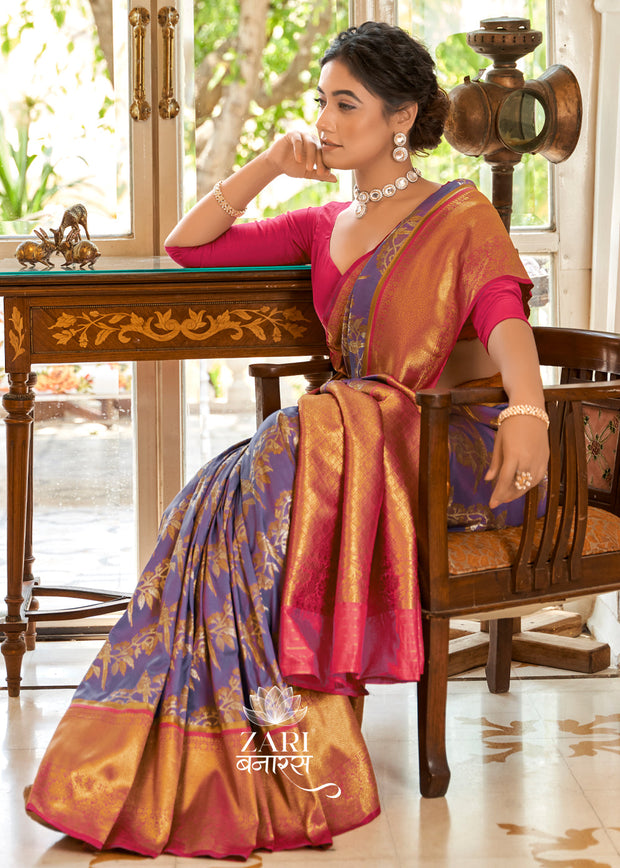 Mayuri: Kanjivaram Leheriya Saree Featuring Majestic Peacocks In Shades of Purple and Red (7659199332545) (7704220827841)