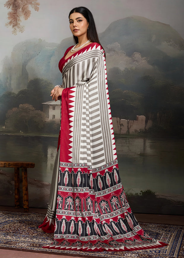 Red And White Printed Satin Silk Saree
