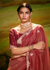 Earthy Red Heavy Embroidered Designer Silk Saree With contrast Blouse
