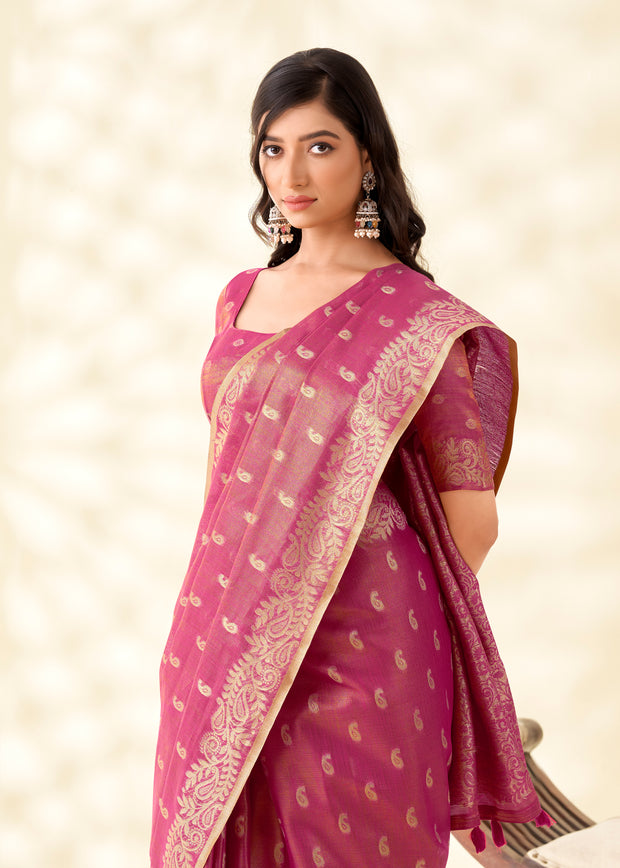 Dusky Pink Woven Linen Tissue Silk Saree