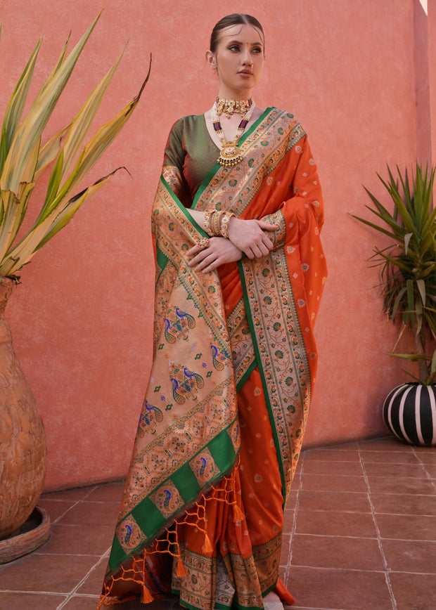 Burnt Orange Woven Paithani Silk Saree