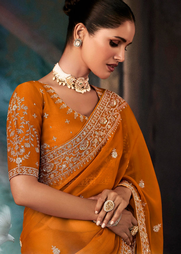 Poppy Orange Embroidered Designer Saree