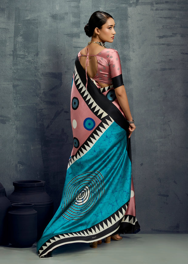 Peach Pink Printed Satin Silk Saree