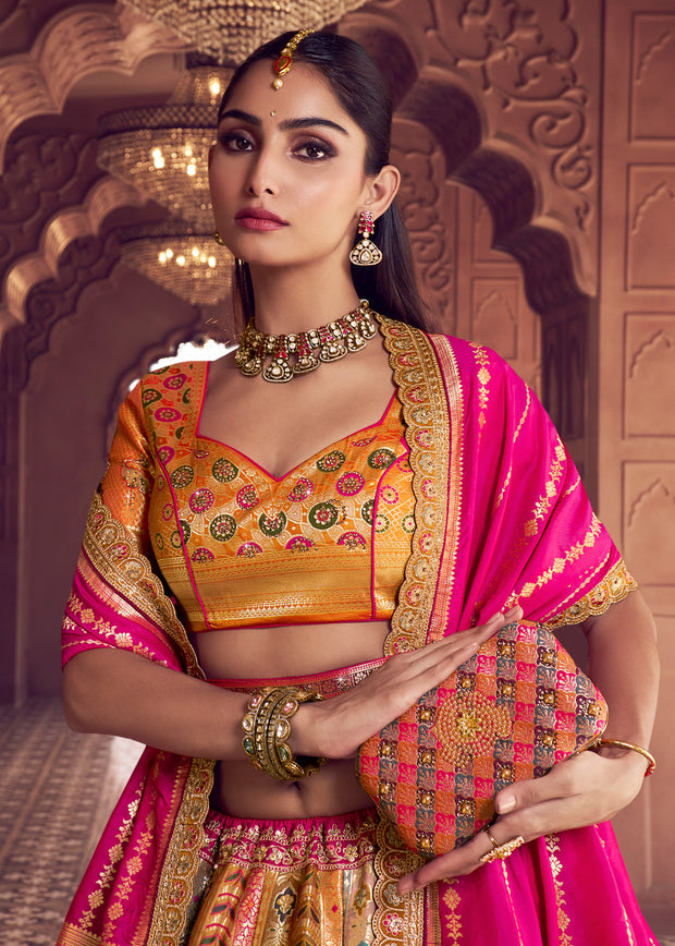 Pink Yellow Banarasi Silk Embroidered Lehenga