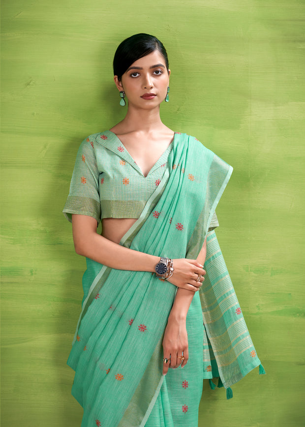 Sea Green Woven Linen Silk Saree