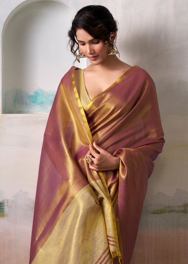Golden Wine Woven Tissue Silk Saree