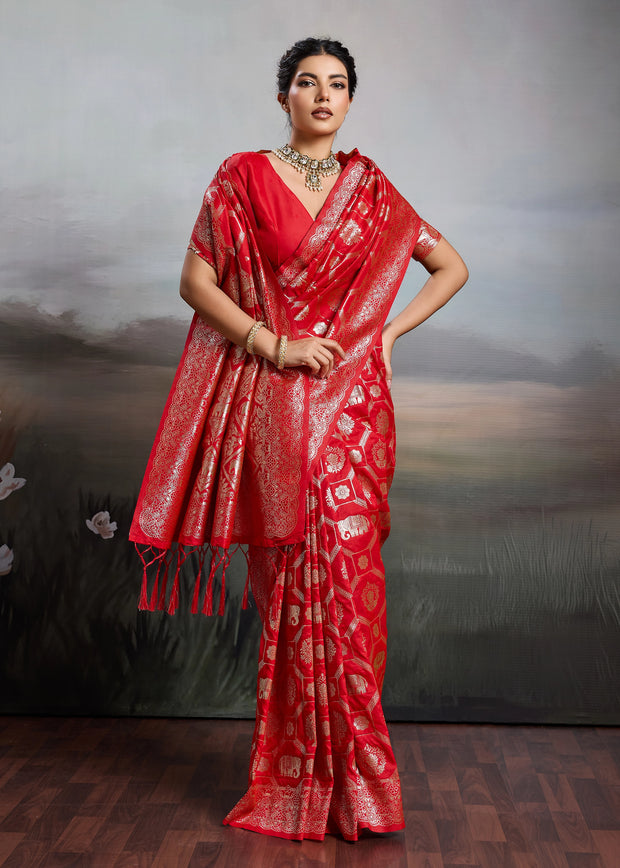 Vermilion Red Woven Banarasi Silk Saree
