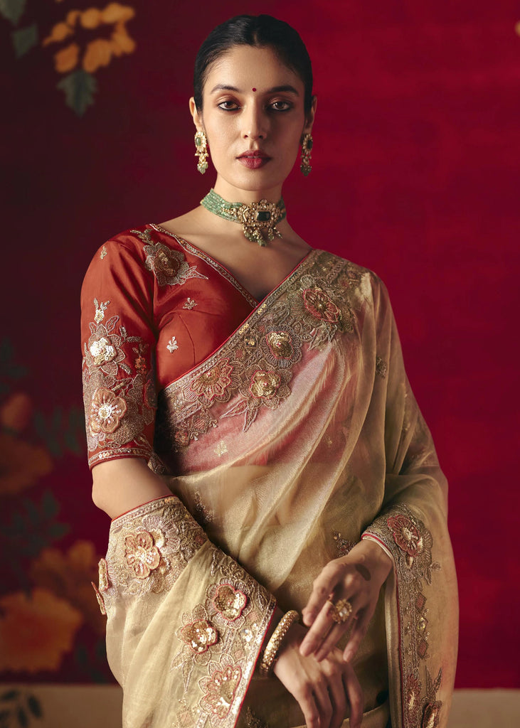 Cream Beige Designer Embroidered Saree