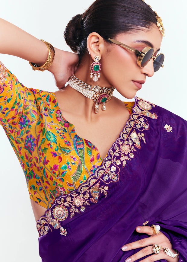 Magic Purple Designer Embroidered Tissue Saree