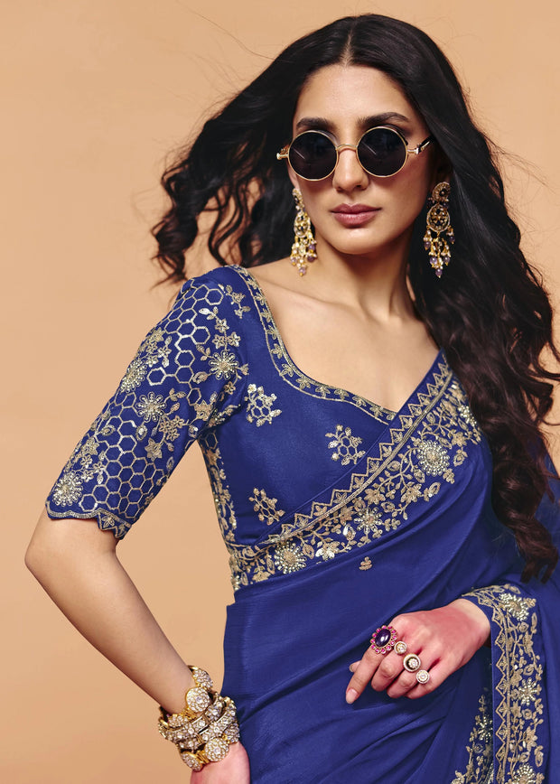 Ultramarine Blue Embroidered Designer Tissue Saree
