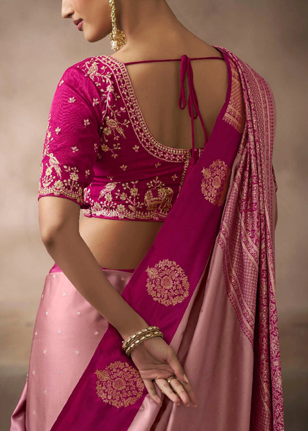 “Exclusive Offer” : Sweet Pink Woven Banarasi Satin Silk Saree