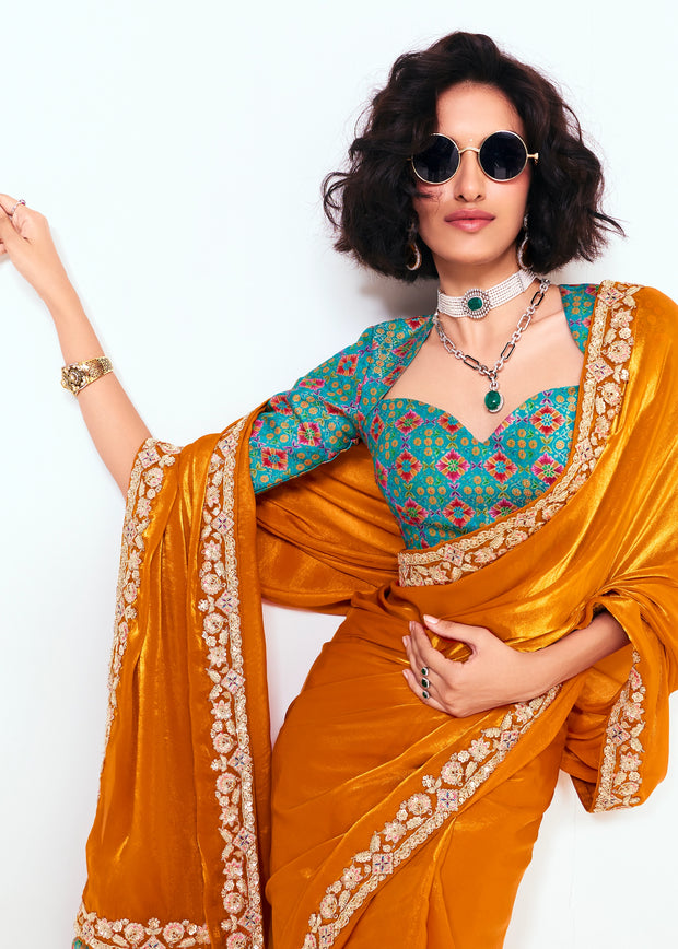Peel Orange Designer Embroidered Tissue Saree