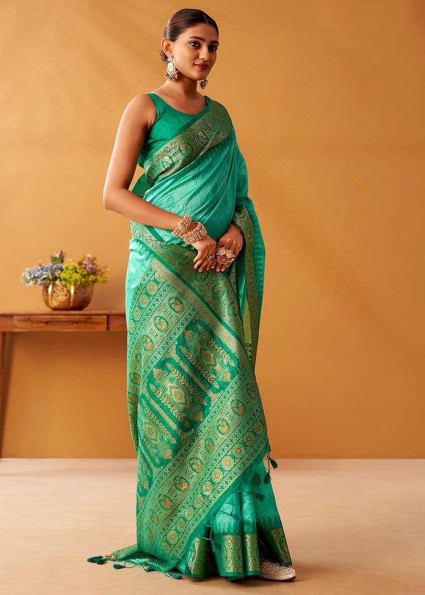 Mint Green Woven Banarasi Cotton Silk Saree