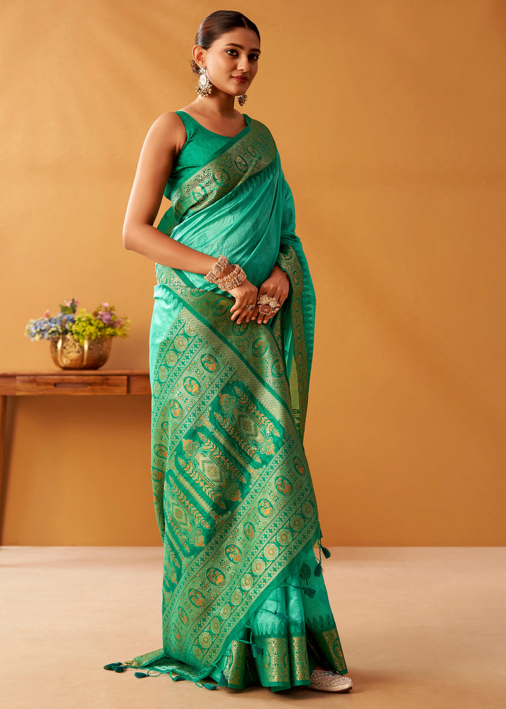 Mint Green Woven Banarasi Cotton Silk Saree