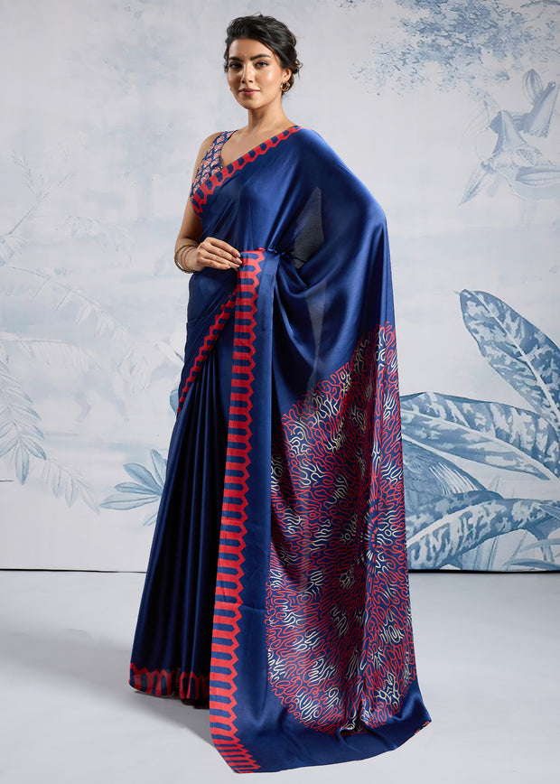 Ultramarin Blue Satin Silk Saree with Ajrakh Printed Pallu and Blouse
